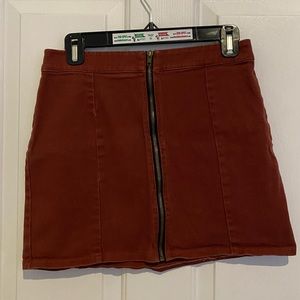 Burgundy denim zip front mini skirt